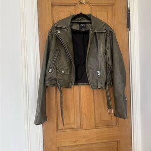 Zara Olive Green Faux Leather Moto Jacket